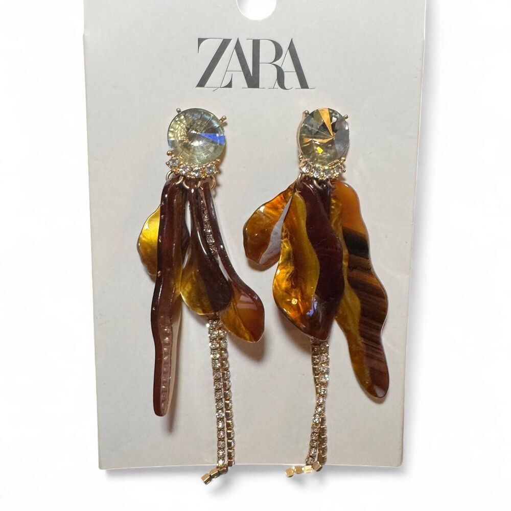 Zara Statement Drop Earrings Tortoise Shell Brown Rhinestone Fringe Long Dangle 22$